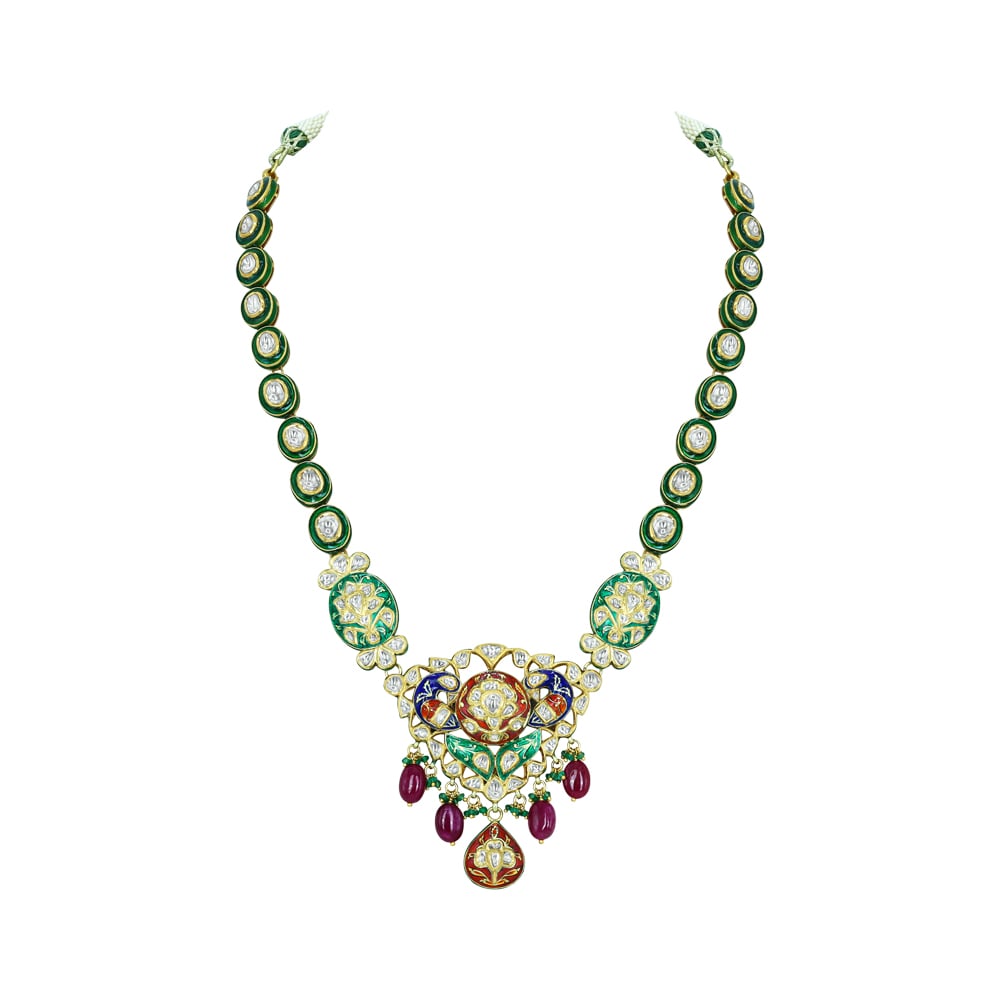 Enamel Necklace with Green-Red Accents, Pearls, and Gemstones